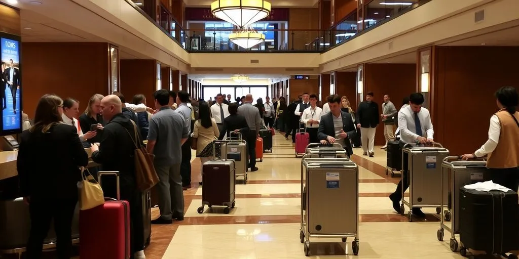 Busy hotel lobby with guests and staff.