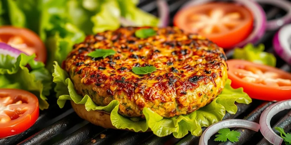 Plant-based burger patty grilling with fresh vegetables.