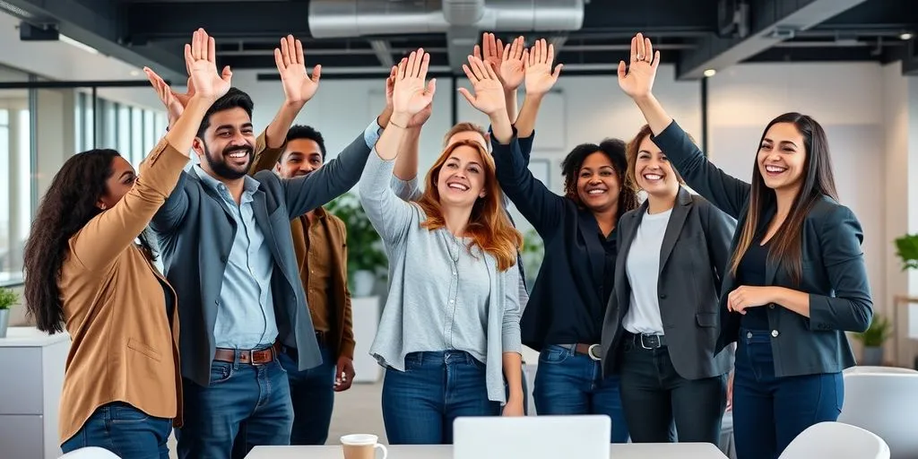 Entrepreneurs celebrating success in a modern office.