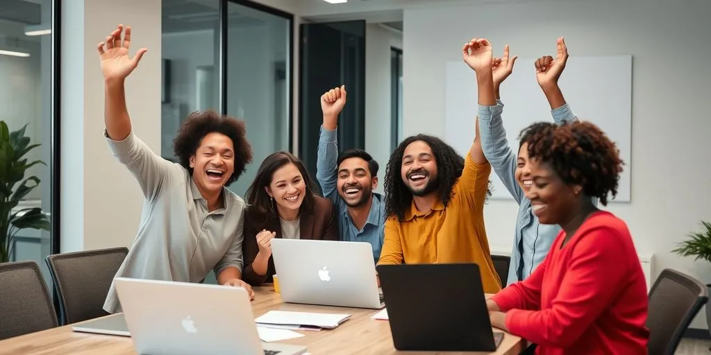 Entrepreneurs celebrating success in office