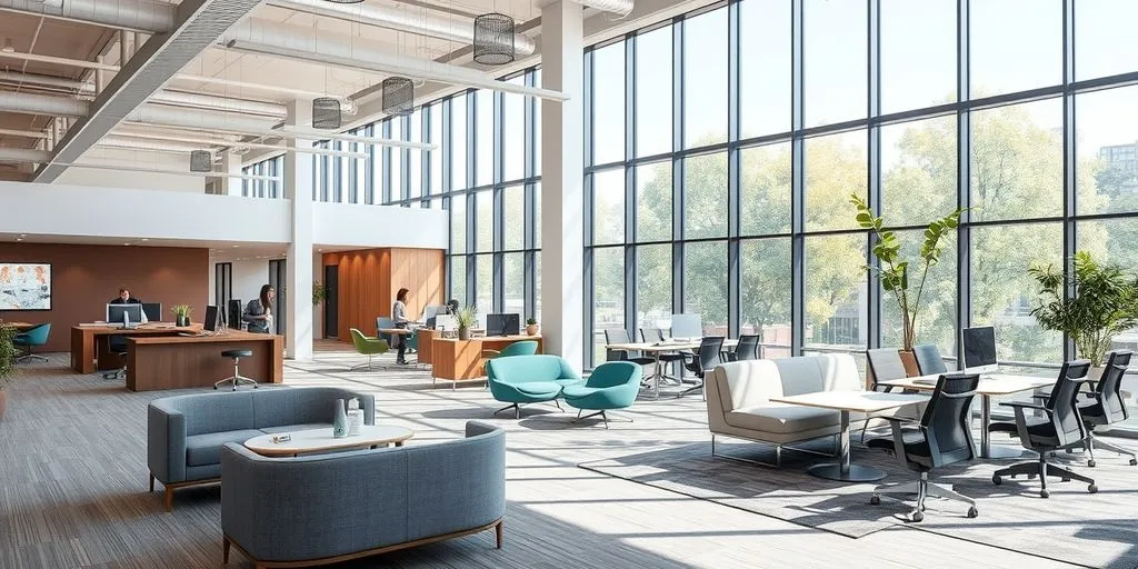 Modern office with open floor plan and natural light