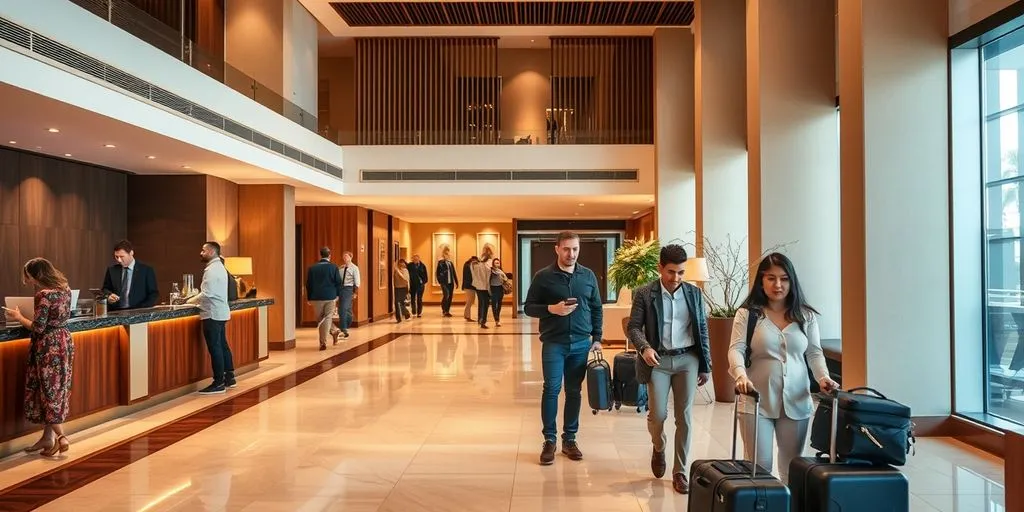 Guests in a busy hotel lobby