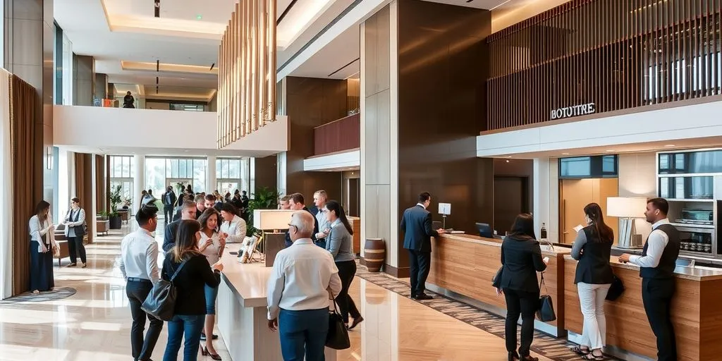 Hotel lobby with guests and concierge.