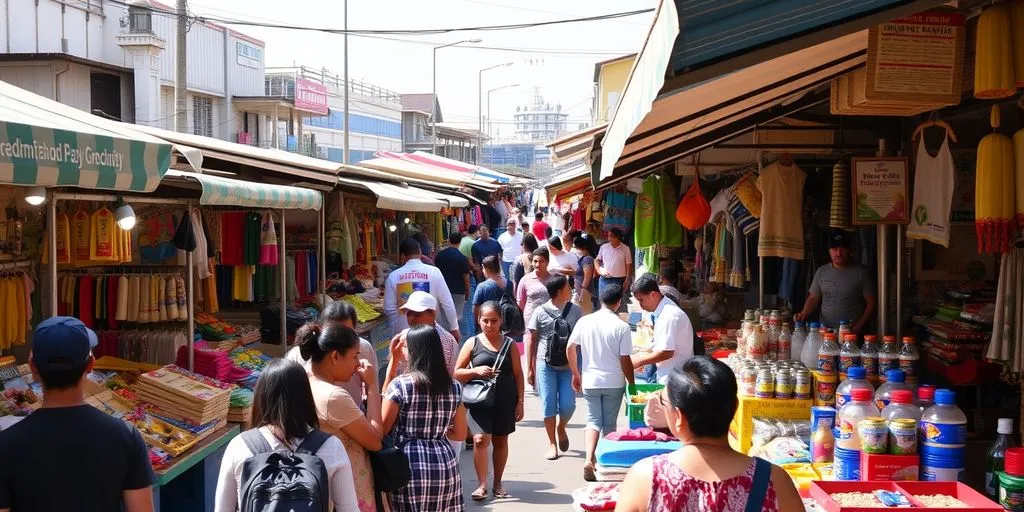 Open-air market with diverse stalls and shoppers