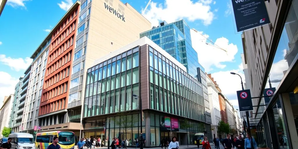 London street with modern offices and people.
