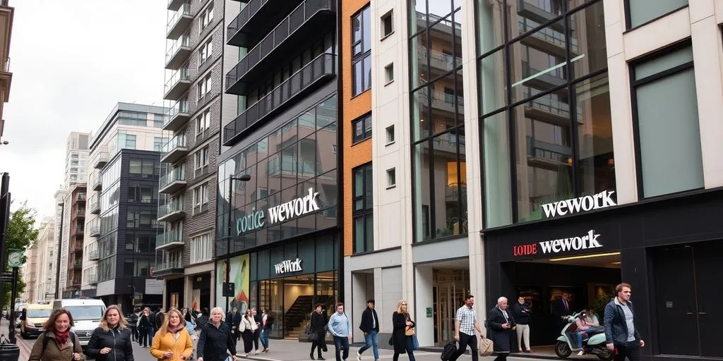 London street with modern office buildings and people.