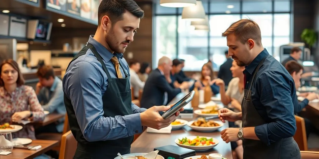 Waiter processing payments in a busy restaurant
