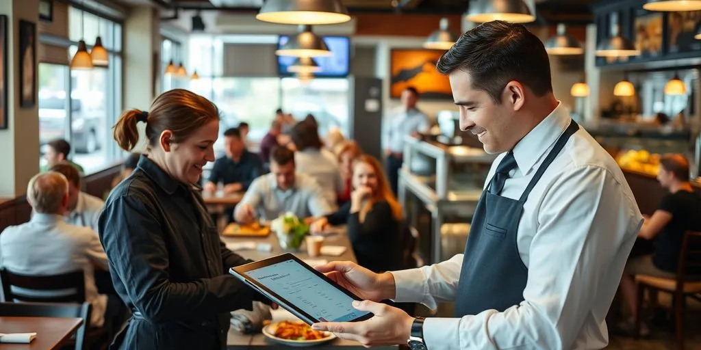Waiter processing payments in a busy restaurant.
