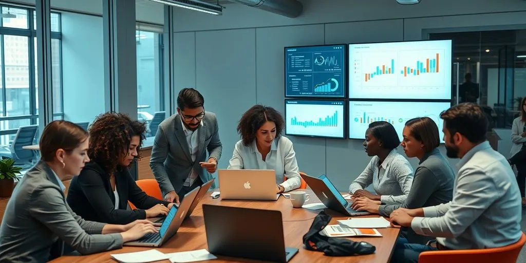 Professionals collaborating in a modern office with technology.