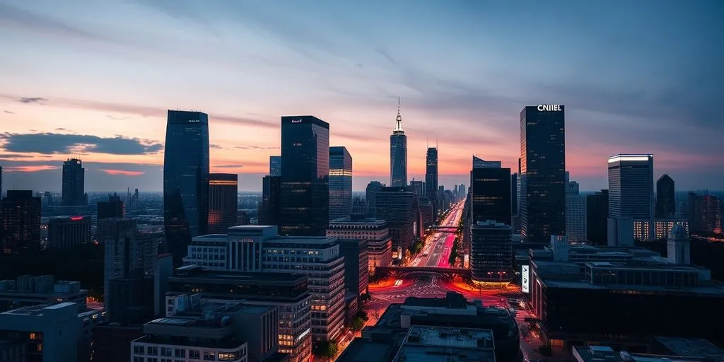 Cityscape at dusk with illuminated skyscrapers
