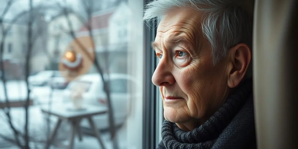 Elderly person looking out on a winter day