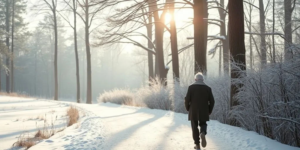 Elderly couple walking in winter landscape