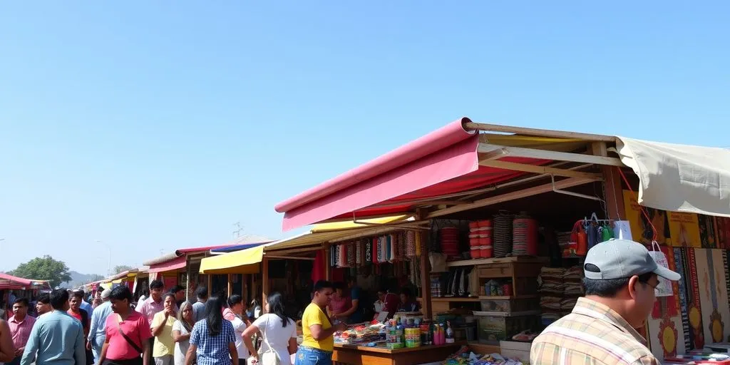 Busy market with colourful stalls and vendors