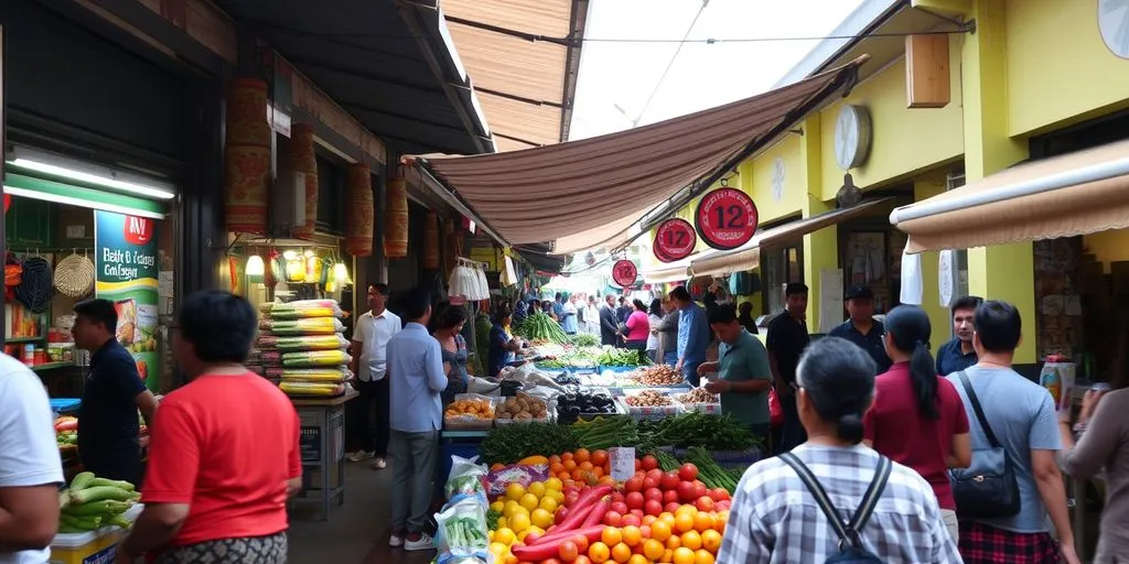 Market stall with fresh produce and protective canopy