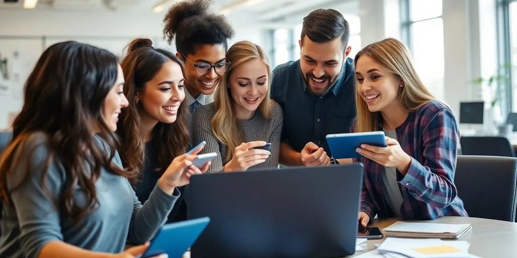 Team collaborating around a laptop in a vibrant office.