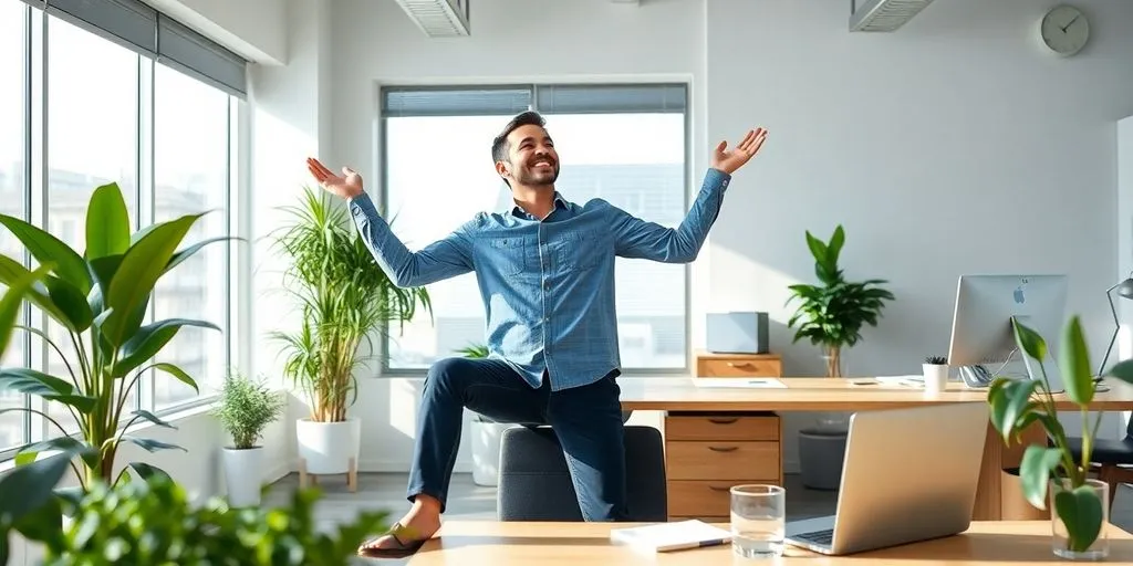 Man enjoying work-life balance in a bright office.