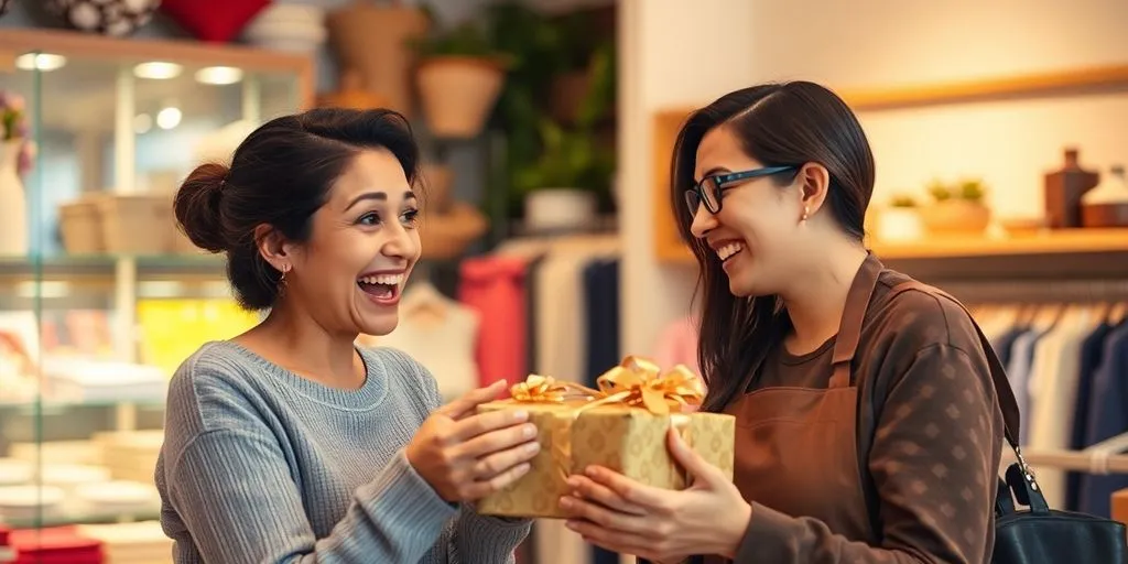 Customer surprised by a delightful gift in a store.