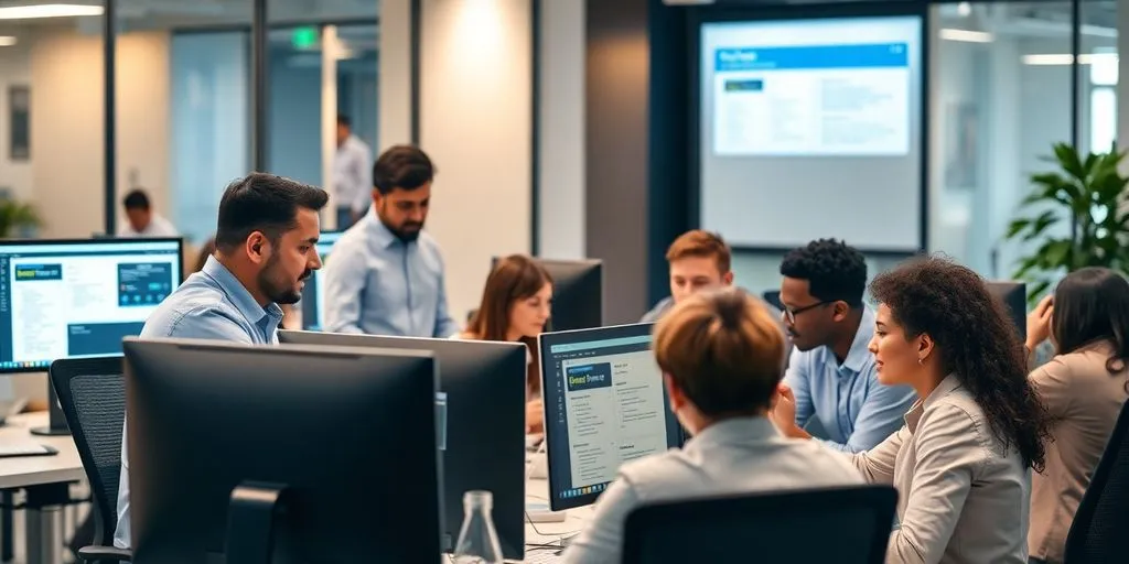 Diverse team collaborating in a modern office setting.