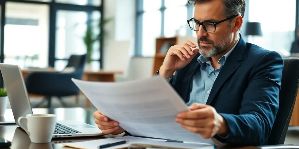 Small business owner reviewing financial documents in office.