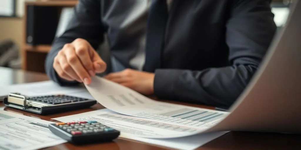 Business professional reviewing tax documents in an office.