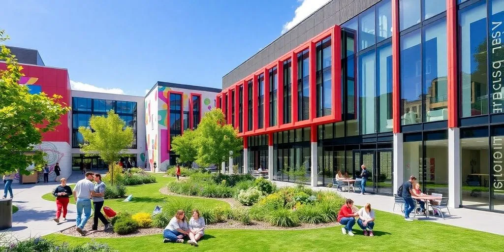 University of the Arts London campus with students and greenery.