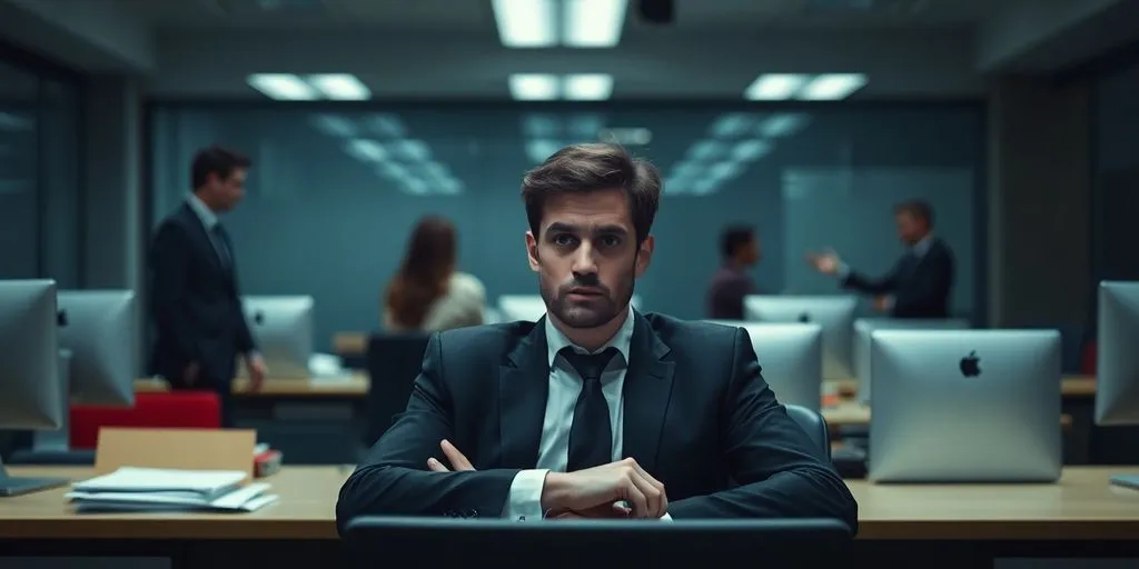 Concerned employee in an office setting, looking isolated.