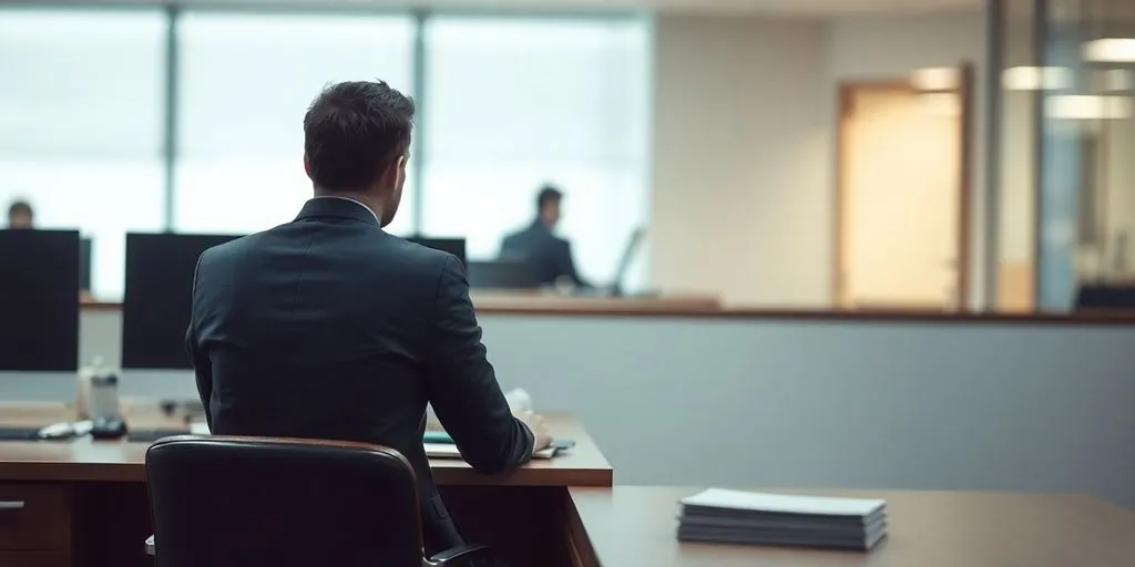 A solitary figure in an office, conveying isolation.