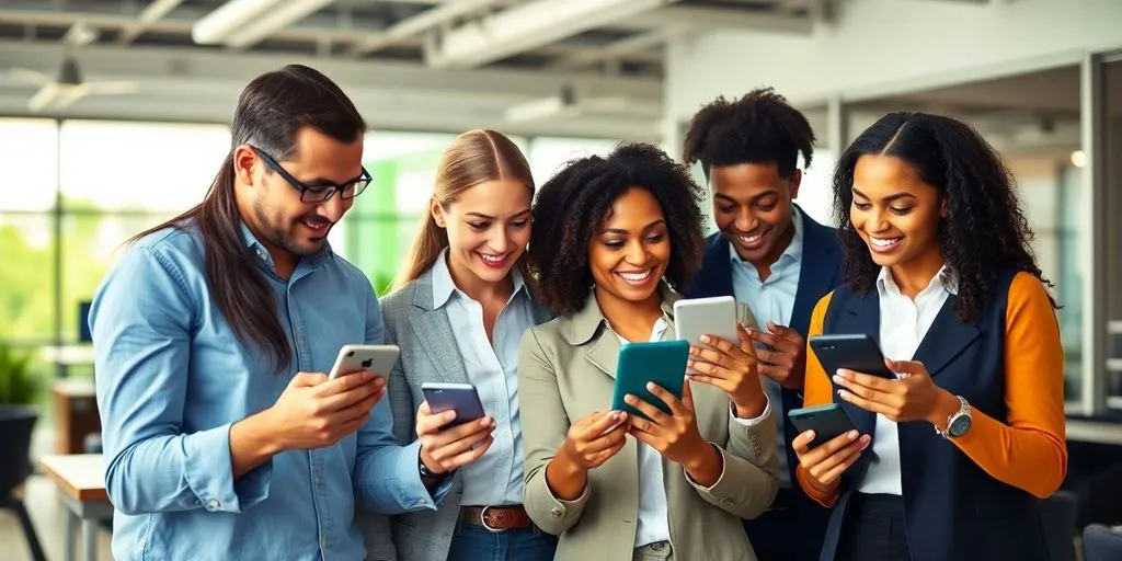 Professionals engaging with social media on devices.