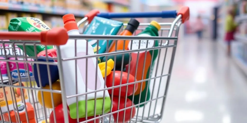 Shopping cart filled with products in a retail setting.