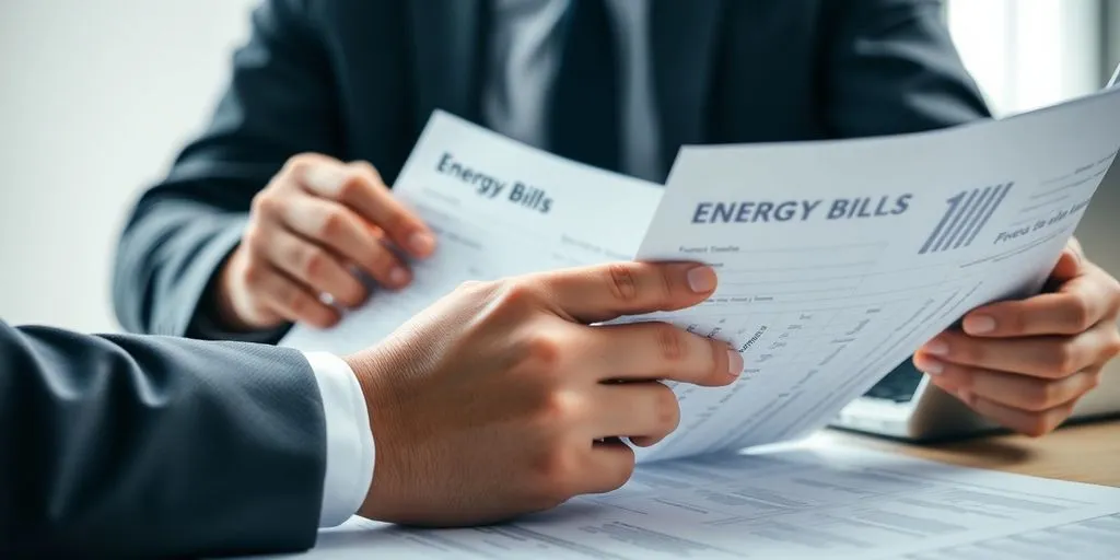 Business professional reviewing energy costs in an office.