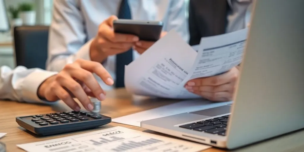 Business professional reviewing energy costs at a desk.