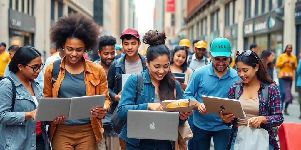 Diverse gig workers collaborating in an urban environment.