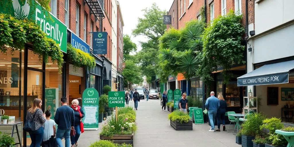 North London street with eco-friendly businesses and greenery.