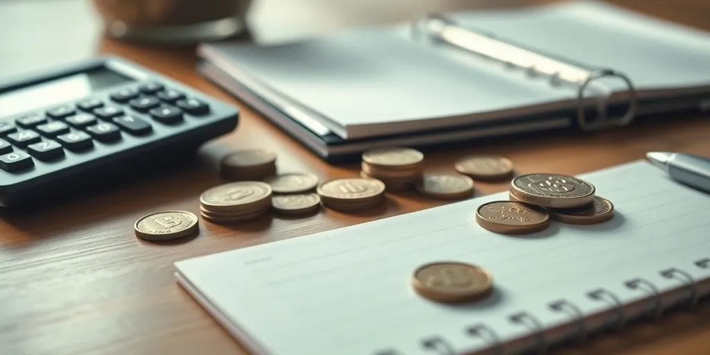 Calculator and coins on a wooden desk.