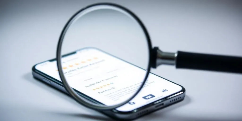 Magnifying glass on smartphone with review app.