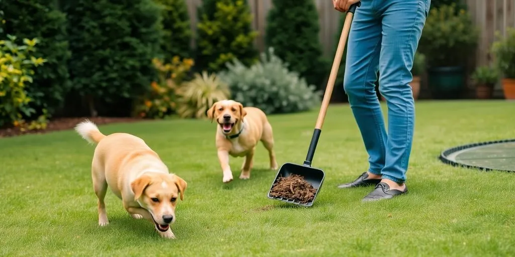 Person cleaning pet waste in a sunny garden.