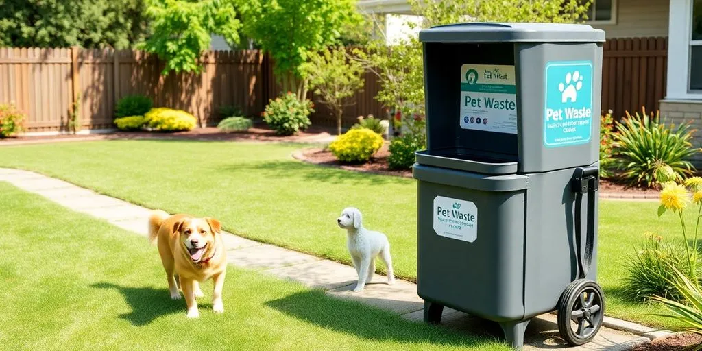A dog playing in a clean yard with waste station.