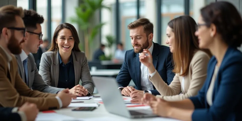 Group of professionals discussing salaries in a modern office.