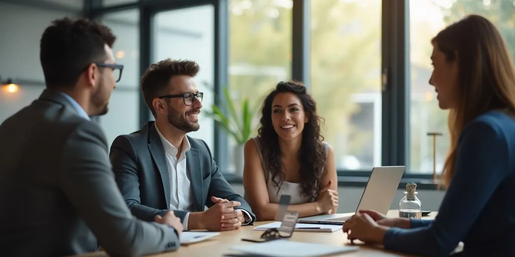 Diverse employees collaborating in a modern office setting.