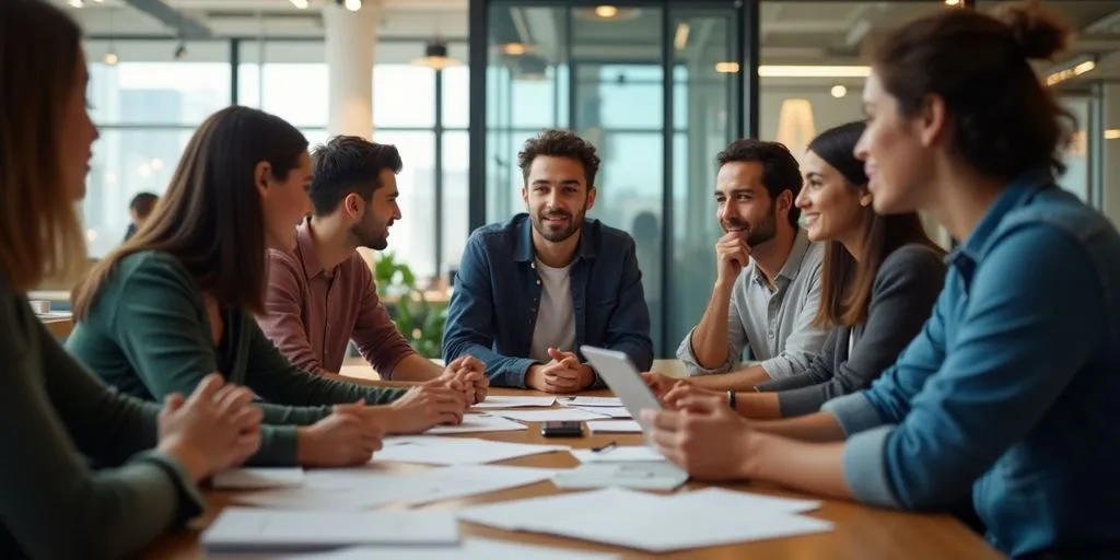 Young professionals collaborating in a modern office environment.