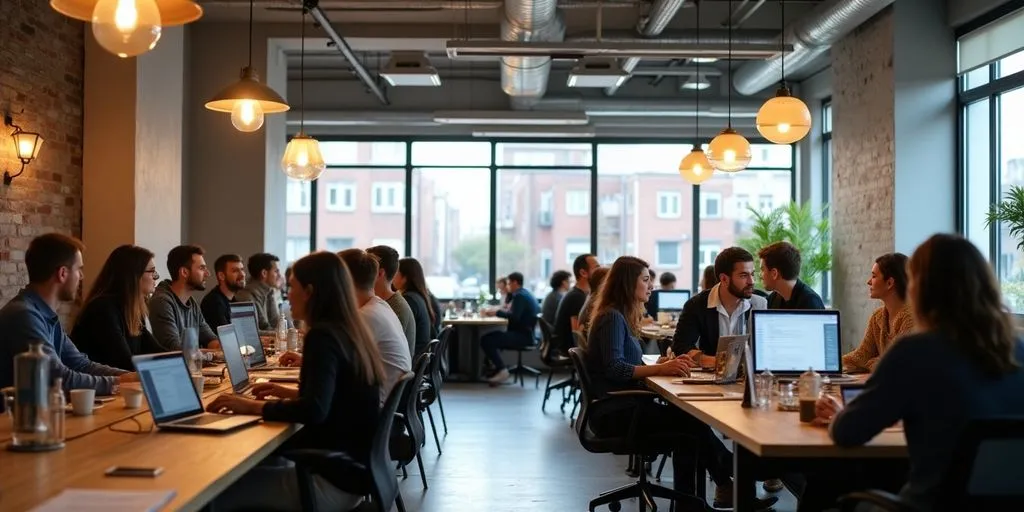 Entrepreneurs collaborating in a modern startup hub.