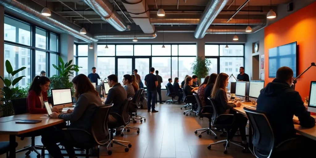 Entrepreneurs collaborating in a modern startup hub.