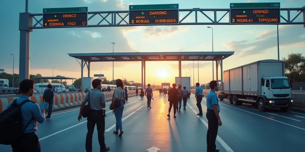 Border crossing with officials and travellers interacting.
