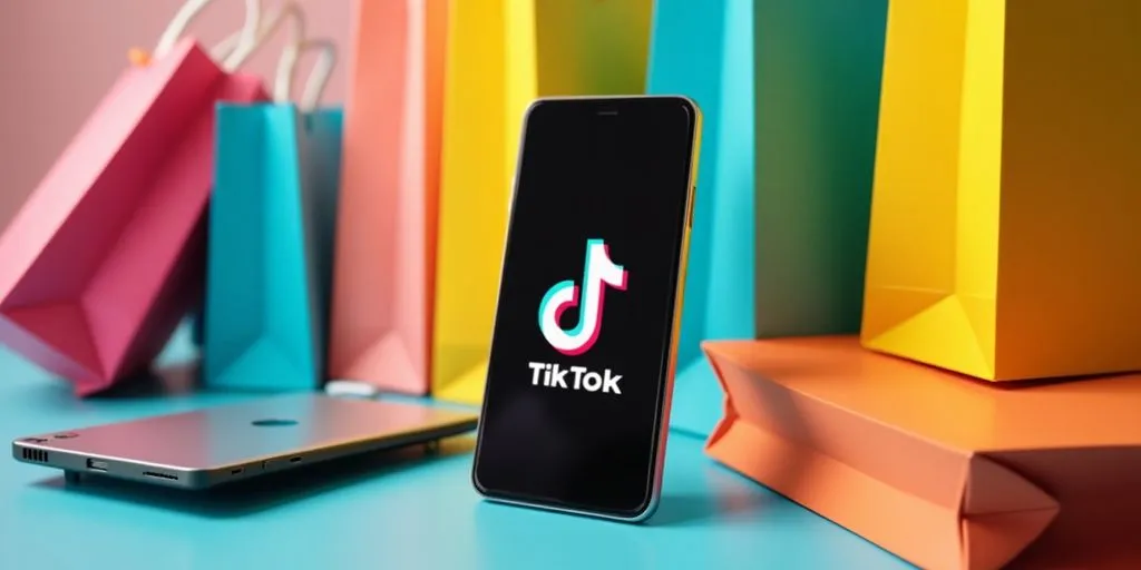 Smartphone with TikTok and Shopify logos, shopping bags around.