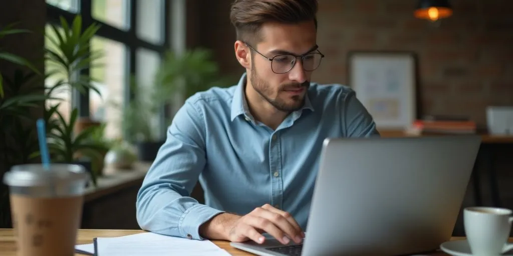 Young professional writing CV and cover letter at desk.