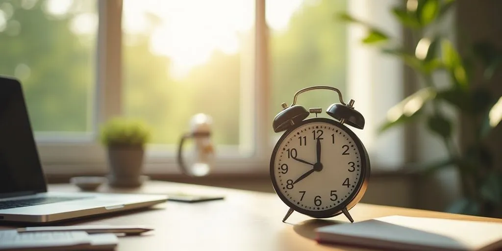A calm office scene with sunlight and a clock.