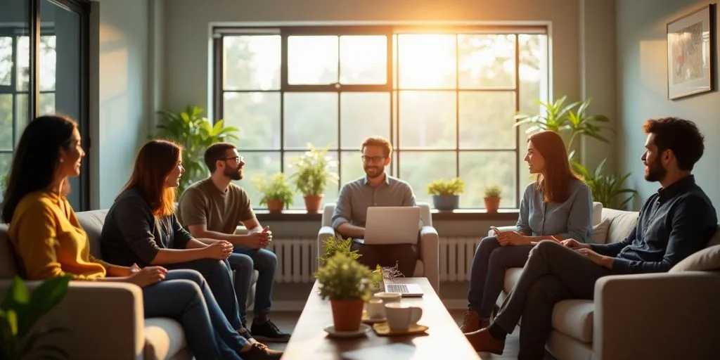 Relaxed office scene with employees in casual discussion.