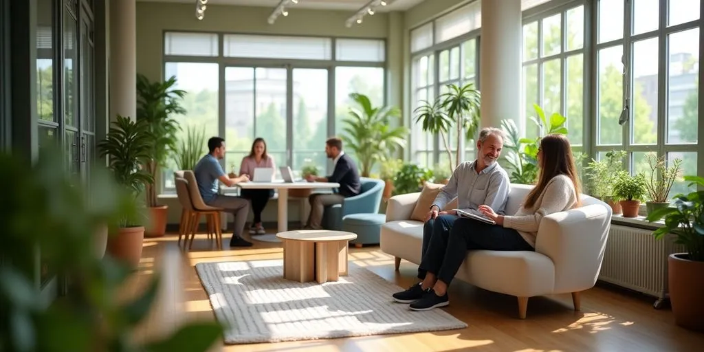 A welcoming office environment with plants and happy employees.