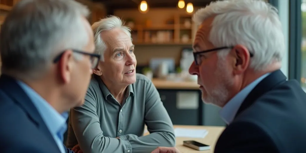 Elderly couple consulting with a financial advisor in office.