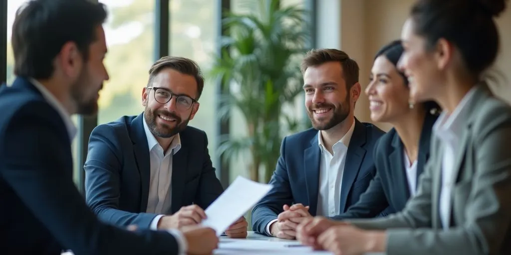Professionals discussing pension fund compliance in a modern office.